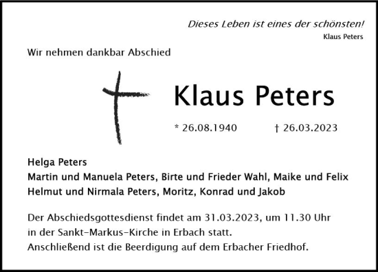 Traueranzeige von Klaus Peters von Wiesbadener Kurier