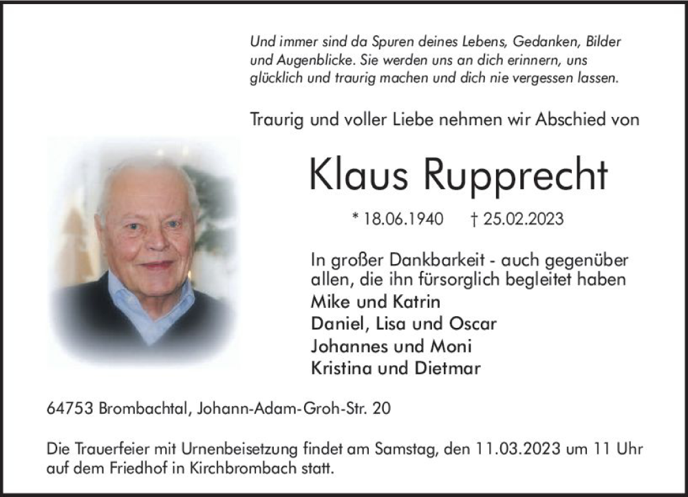  Traueranzeige für Klaus Rupprecht vom 06.03.2023 aus Odenwälder Echo