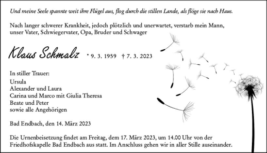 Traueranzeige von Klaus Schmalz von Hinterländer Anzeiger