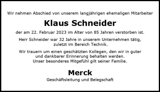 Traueranzeige von Klaus Schneider von Darmstädter Echo