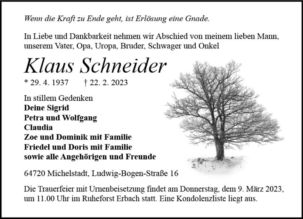  Traueranzeige für Klaus Schneider vom 04.03.2023 aus Odenwälder Echo