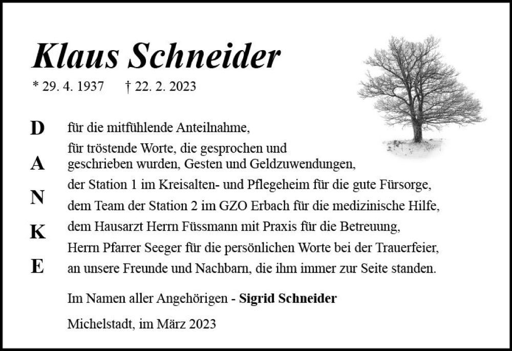  Traueranzeige für Klaus Schneider vom 25.03.2023 aus Odenwälder Echo