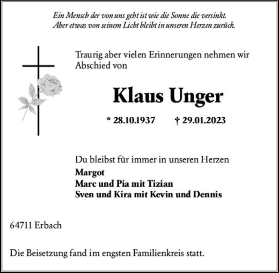 Traueranzeige von Klaus Unger von Odenwälder Echo