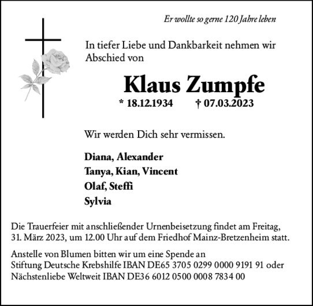  Traueranzeige für Klaus Zumpfe vom 21.03.2023 aus Allgemeine Zeitung Mainz