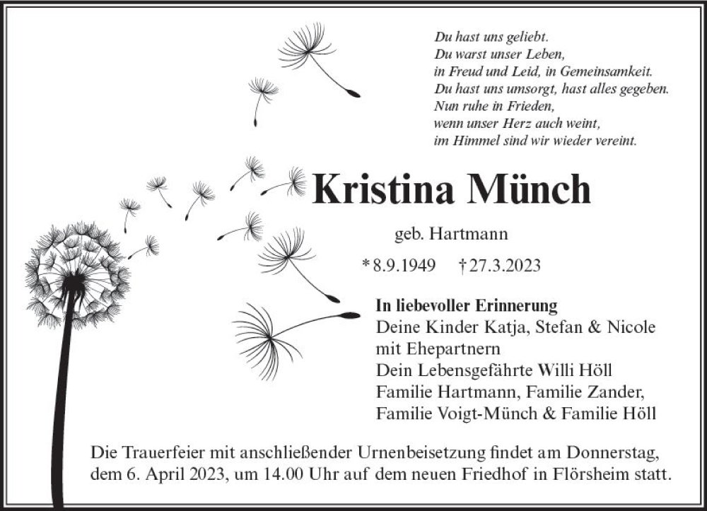  Traueranzeige für Kristina Münch vom 01.04.2023 aus Rüsselsheimer Echo