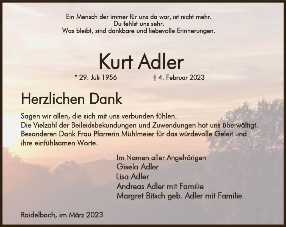  Traueranzeige für Kurt Adler vom 18.03.2023 aus Odenwälder Echo