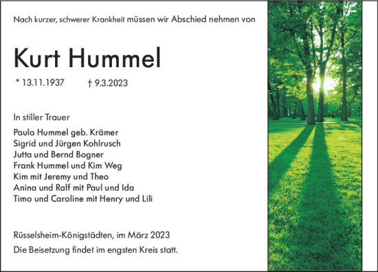 Traueranzeige von Kurt Hummel von Rüsselsheimer Echo
