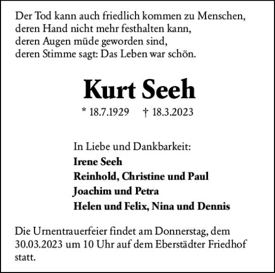 Traueranzeige von Kurt Seeh von Darmstädter Echo