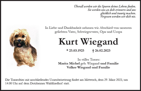 Traueranzeige von Kurt Wiegand von Wiesbadener Kurier