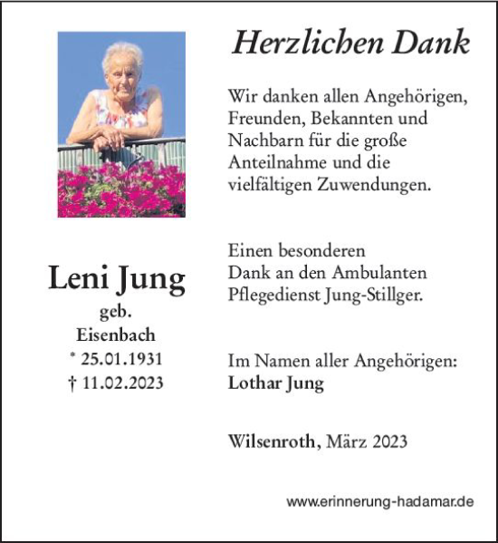 Traueranzeige von Leni Jung von Nassauische Neue Presse