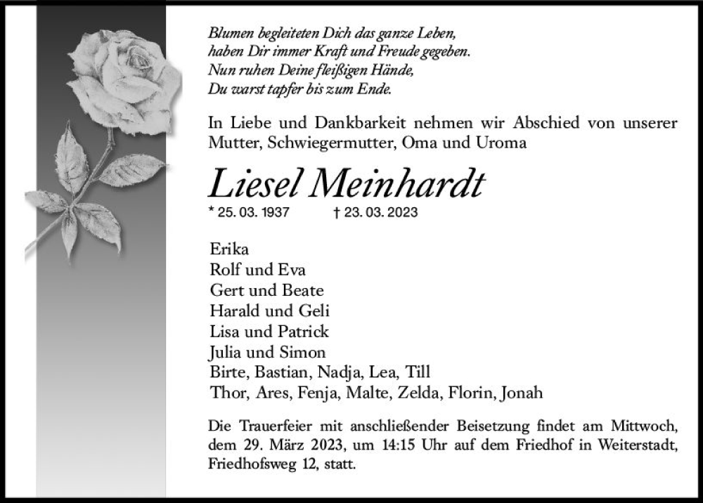  Traueranzeige für Liesel Meinhardt vom 25.03.2023 aus Darmstädter Echo