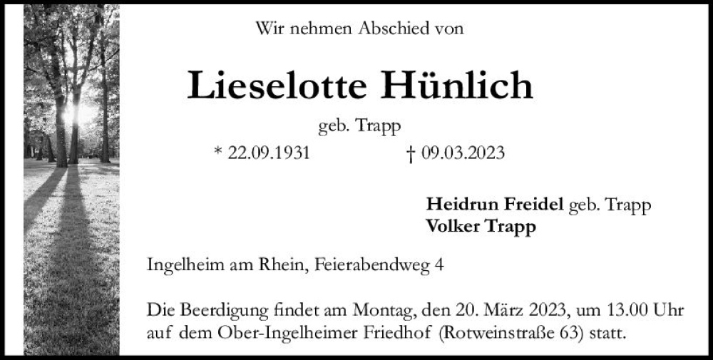  Traueranzeige für Lieselotte Hünlich vom 15.03.2023 aus Allgemeine Zeitung Bingen/Ingelheim