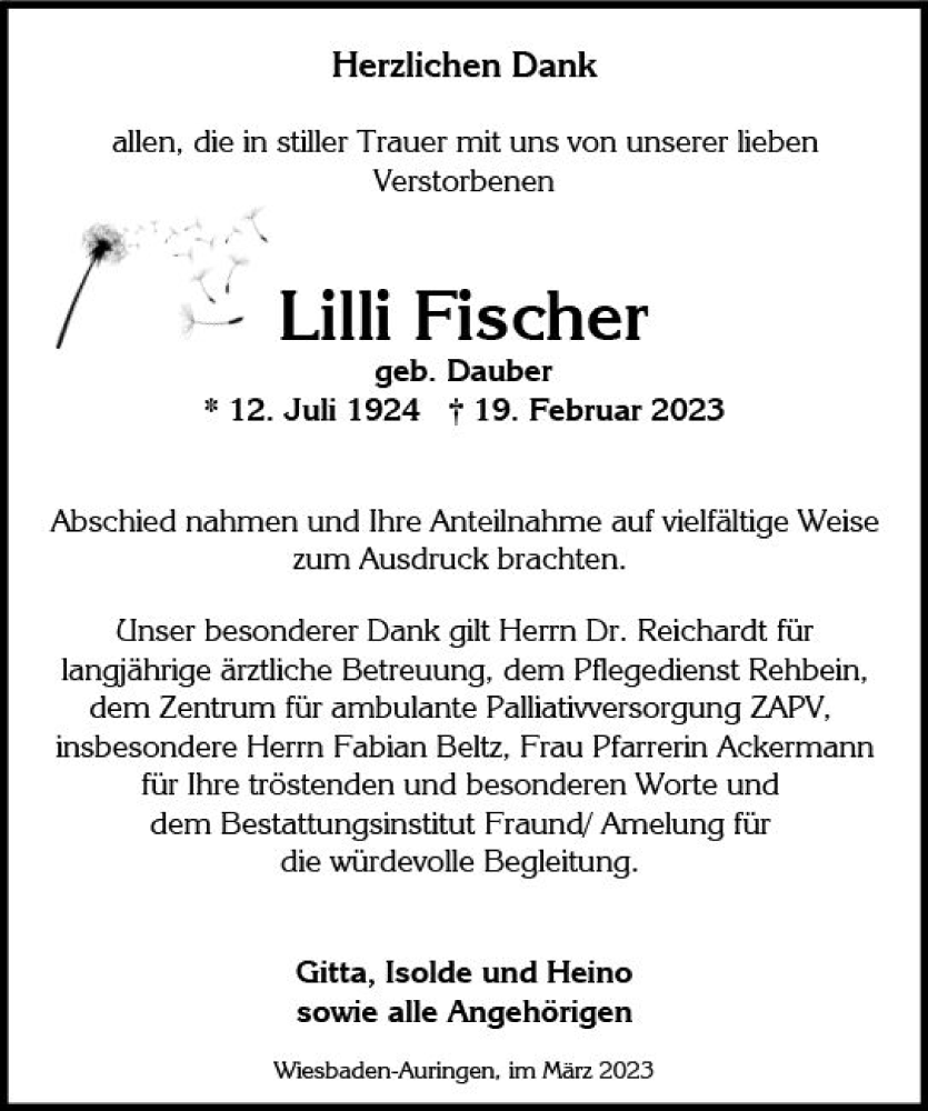  Traueranzeige für Lilli Fischer vom 18.03.2023 aus Wiesbadener Kurier