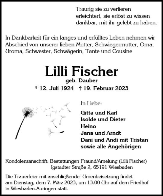Traueranzeige von Lilli Fischer von Wiesbadener Kurier