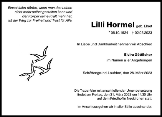 Traueranzeige von Lilli Hormel von Wetzlarer Neue Zeitung