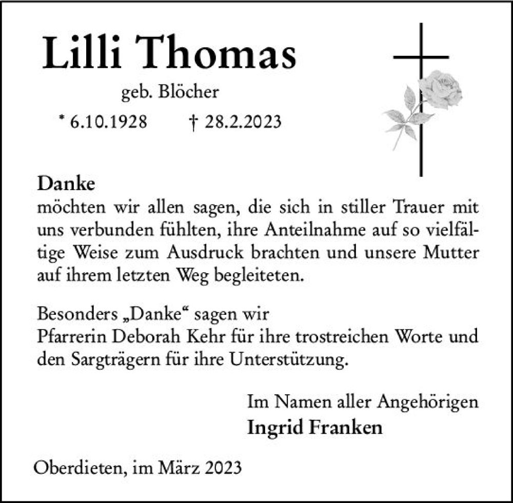  Traueranzeige für Lilli Thomas vom 31.03.2023 aus Hinterländer Anzeiger