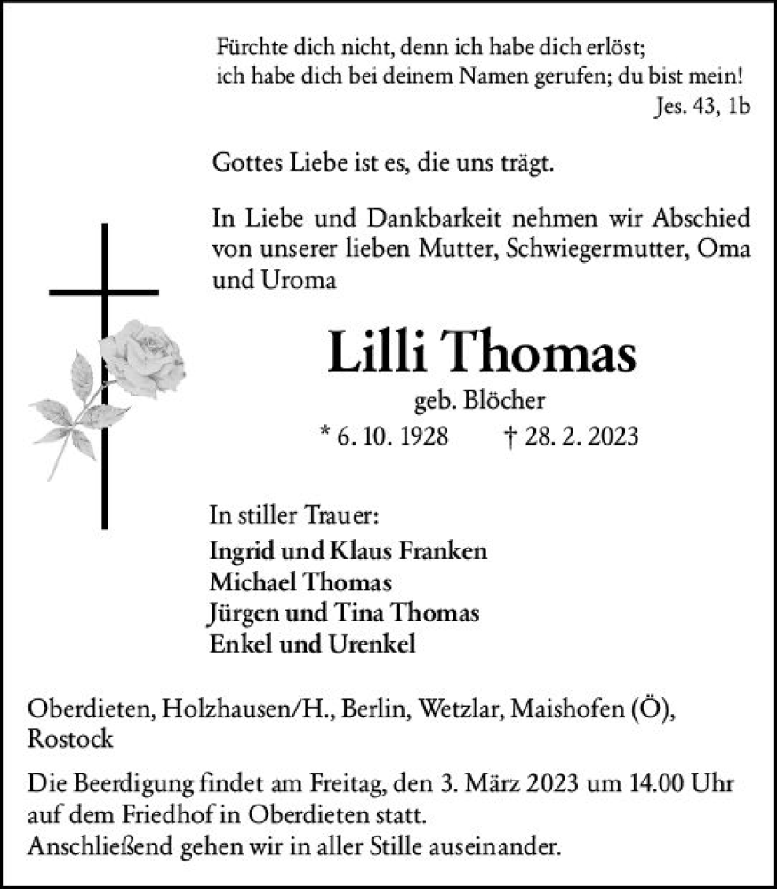  Traueranzeige für Lilli Thomas vom 02.03.2023 aus Hinterländer Anzeiger