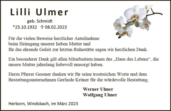 Traueranzeige von Lilli Ulmer von Dill Block