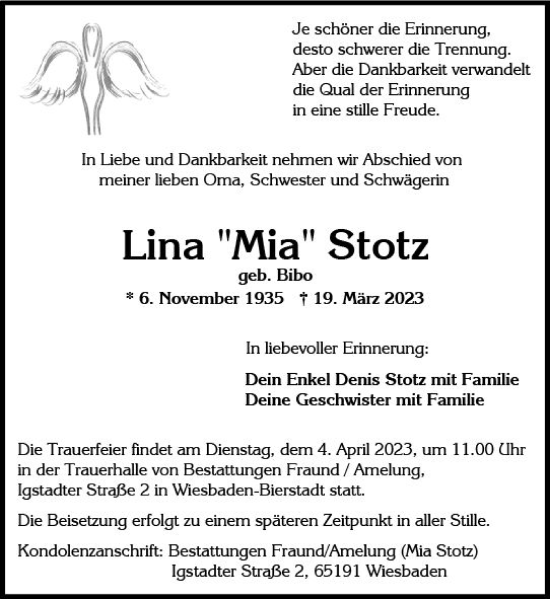 Traueranzeige von Lina Stotz von Wiesbadener Kurier
