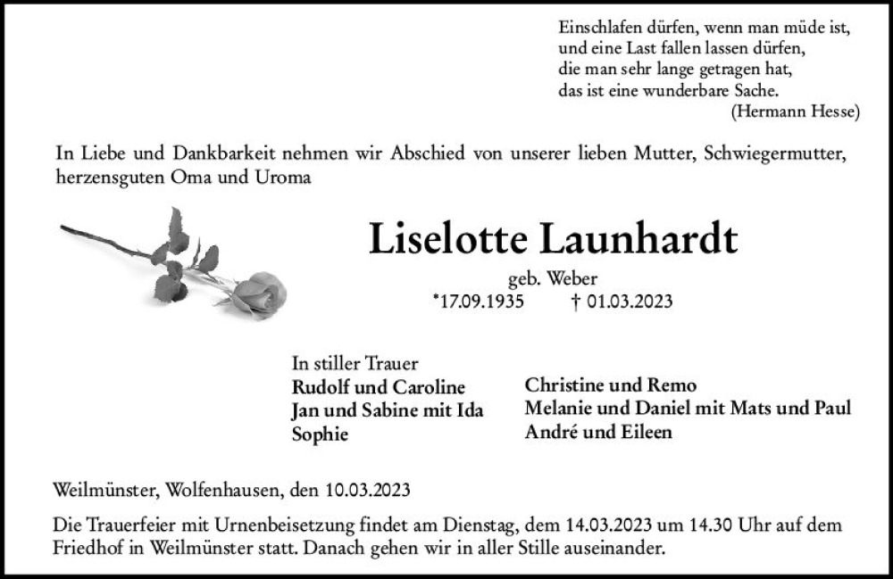  Traueranzeige für Liselotte Launhardt vom 10.03.2023 aus Weilburger Tageblatt
