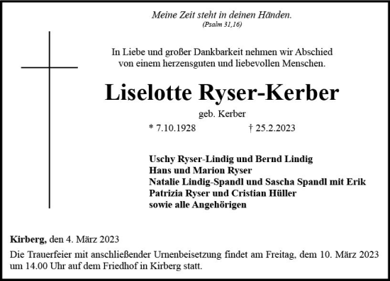 Traueranzeige von Liselotte Ryser-Kerber von Nassauische Neue Presse