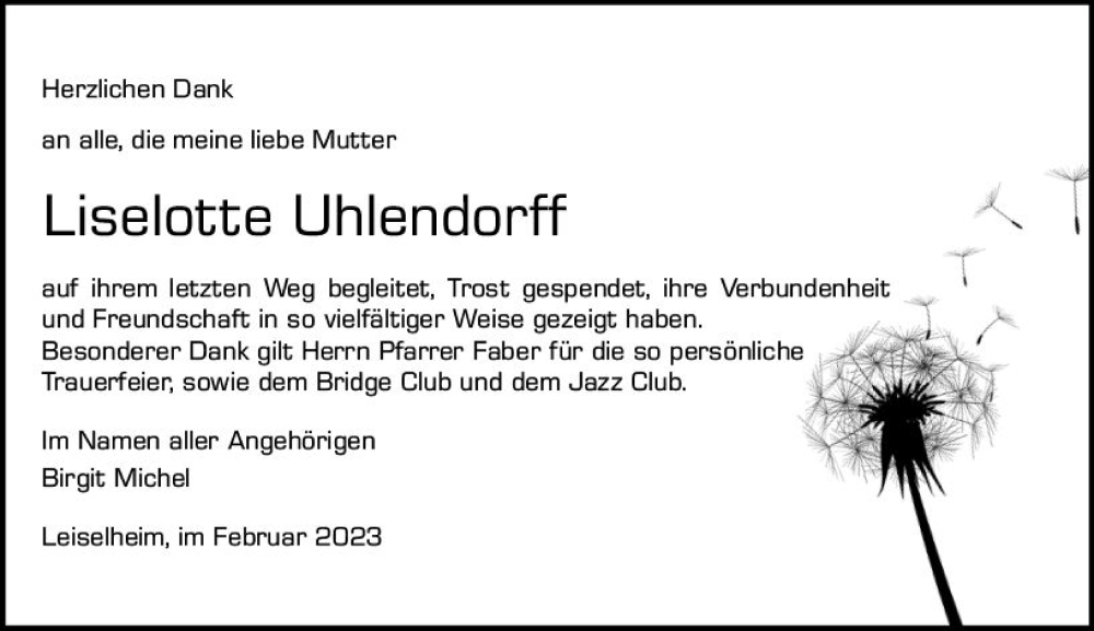  Traueranzeige für Liselotte Uhlendorff vom 04.03.2023 aus Wormser Zeitung