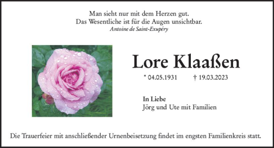 Traueranzeige von Lore Klaaßen von Groß-Gerauer Echo