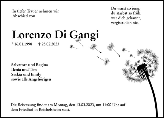 Traueranzeige von Lorenz Di Gangi von Odenwälder Echo