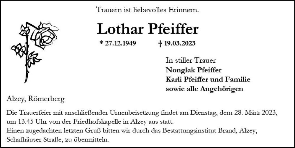  Traueranzeige für Lothar Pfeiffer vom 25.03.2023 aus Allgemeine Zeitung Alzey