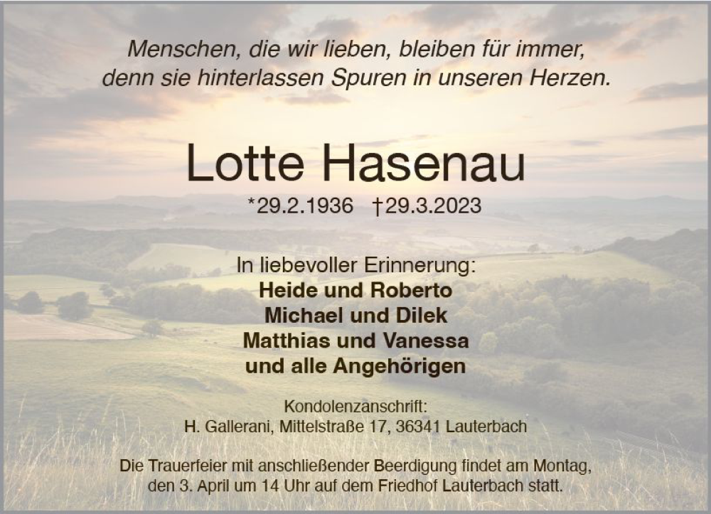 Traueranzeige für Lotte Hasenau vom 01.04.2023 aus VRM Trauer