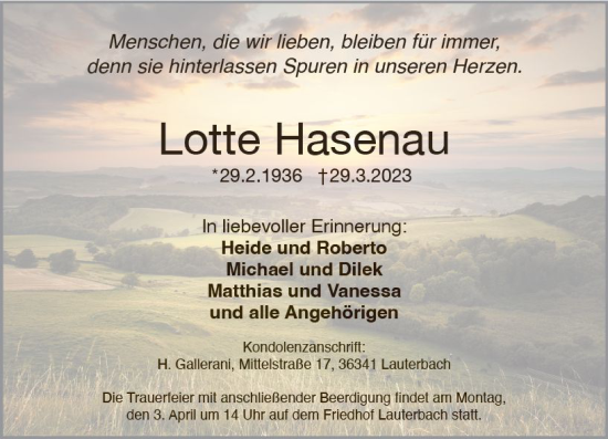 Traueranzeige von Lotte Hasenau von VRM Trauer