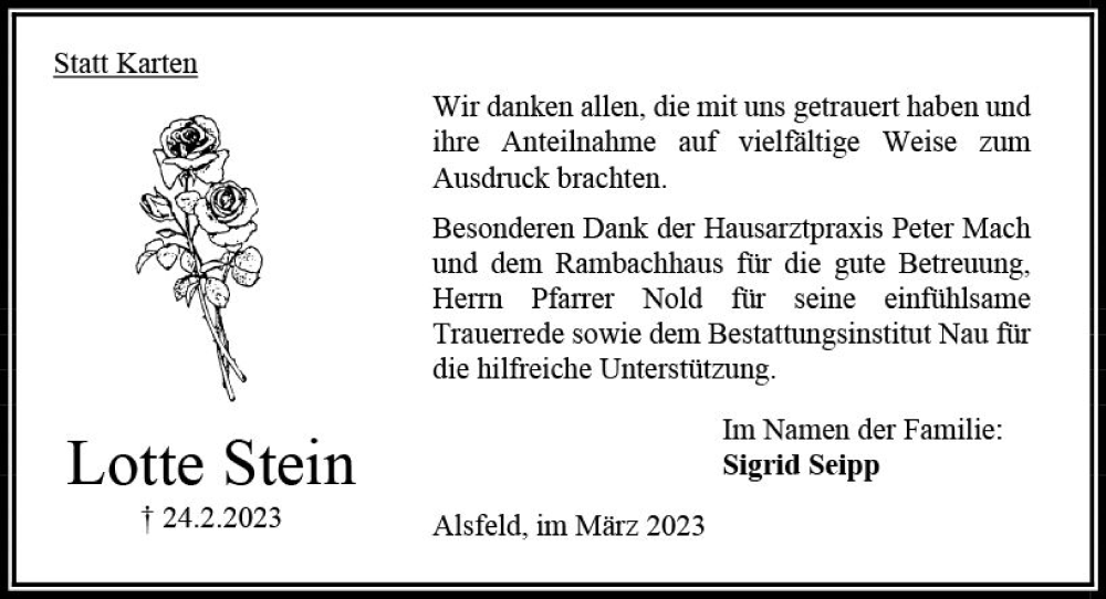  Traueranzeige für Lotte Stein vom 25.03.2023 aus Oberhessen Kurier