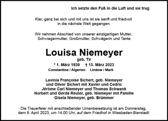 Traueranzeige von Louisa Niemeyer von Wiesbadener Kurier