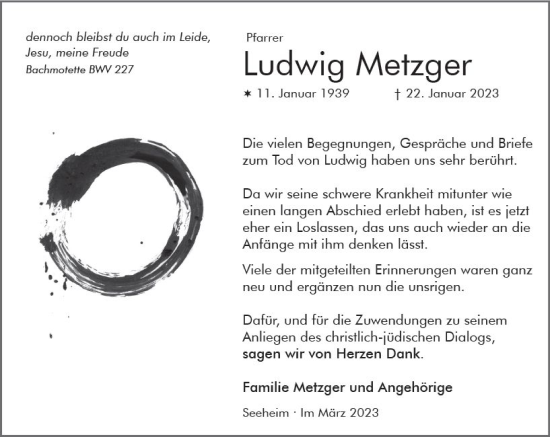 Traueranzeige von Ludwig Metzger von Darmstädter Echo