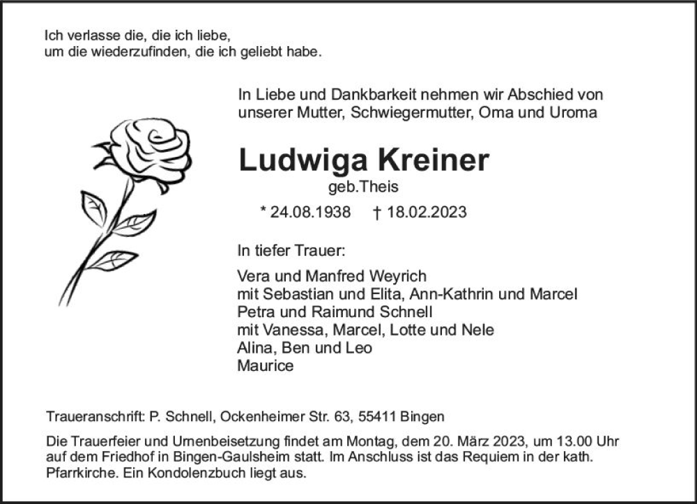  Traueranzeige für Ludwiga Kreiner vom 04.03.2023 aus Allgemeine Zeitung Bingen/Ingelheim