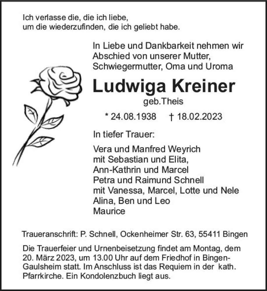  Traueranzeige für Ludwiga Kreiner vom 04.03.2023 aus Bingen/Ingelheim WOBL inkl. Neue Binger Ztg.