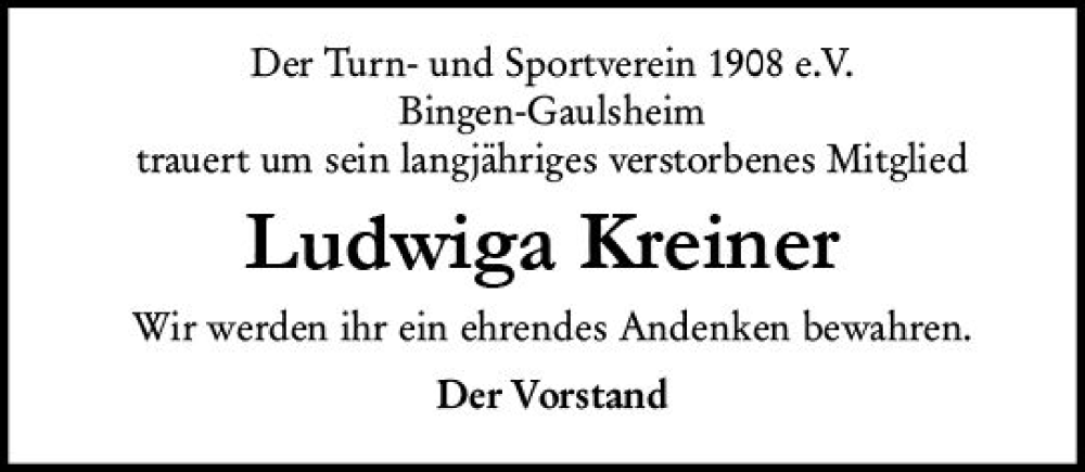  Traueranzeige für Ludwiga Kreiner vom 08.03.2023 aus Allgemeine Zeitung Bingen/Ingelheim