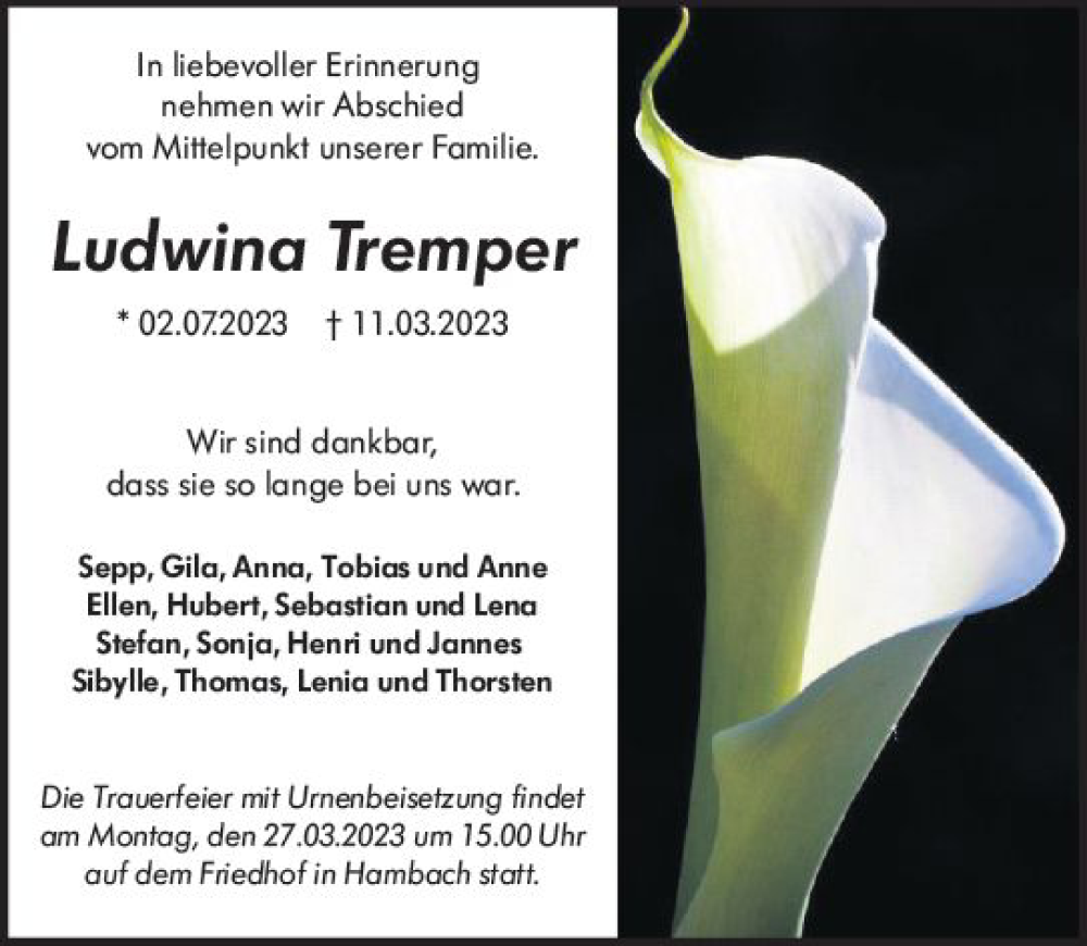  Traueranzeige für Ludwina Tremper vom 18.03.2023 aus Starkenburger Echo