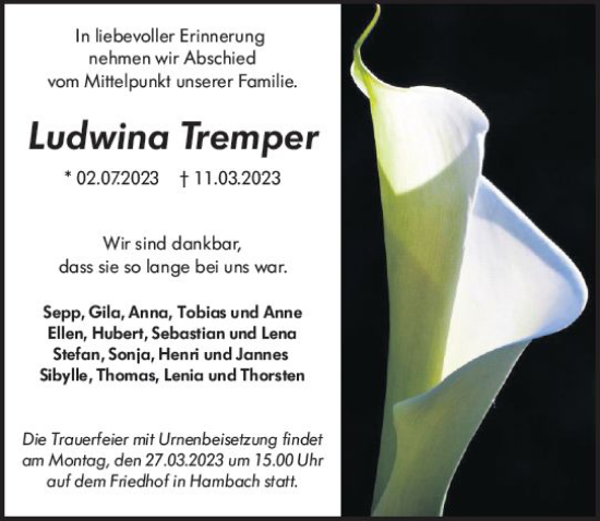 Traueranzeige von Ludwina Tremper von Starkenburger Echo