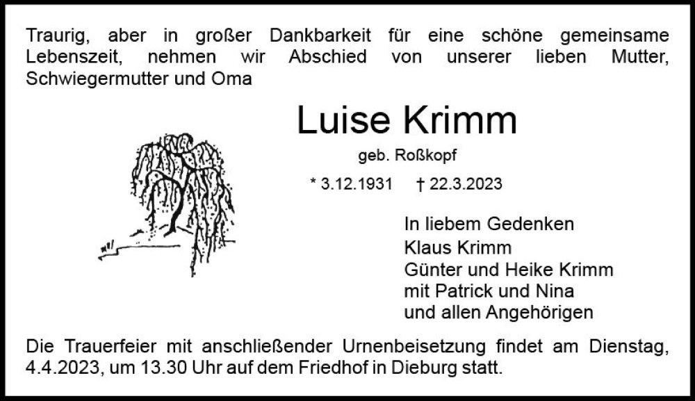  Traueranzeige für Luise Krimm vom 01.04.2023 aus Dieburger Anzeiger/Groß-Zimmerner Lokal-Anzeiger