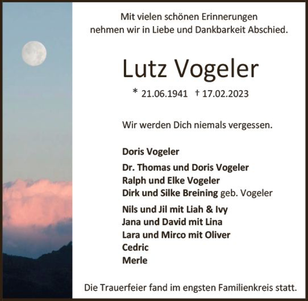  Traueranzeige für Lutz Vogeler vom 04.03.2023 aus Darmstädter Echo