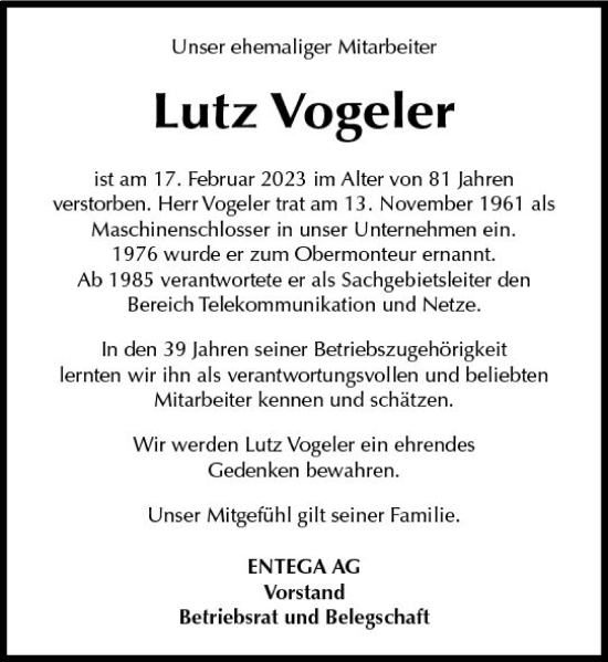 Traueranzeige von Lutz Vogeler von Odenwälder Echo