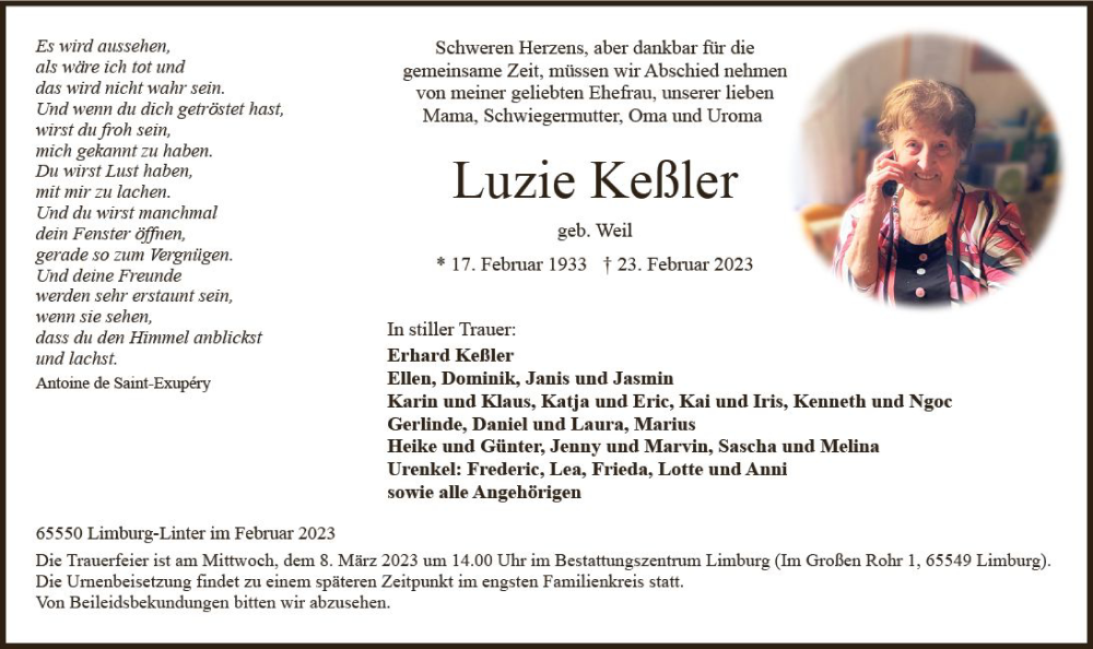  Traueranzeige für Luzie Keßler vom 04.03.2023 aus Nassauische Neue Presse