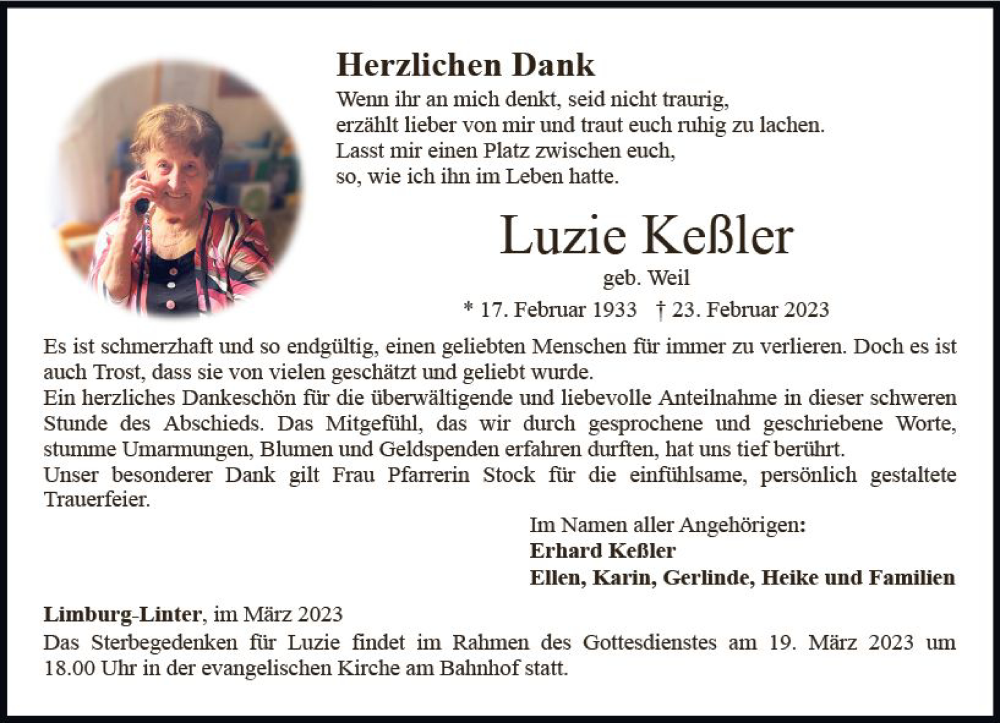  Traueranzeige für Luzie Keßler vom 18.03.2023 aus Nassauische Neue Presse