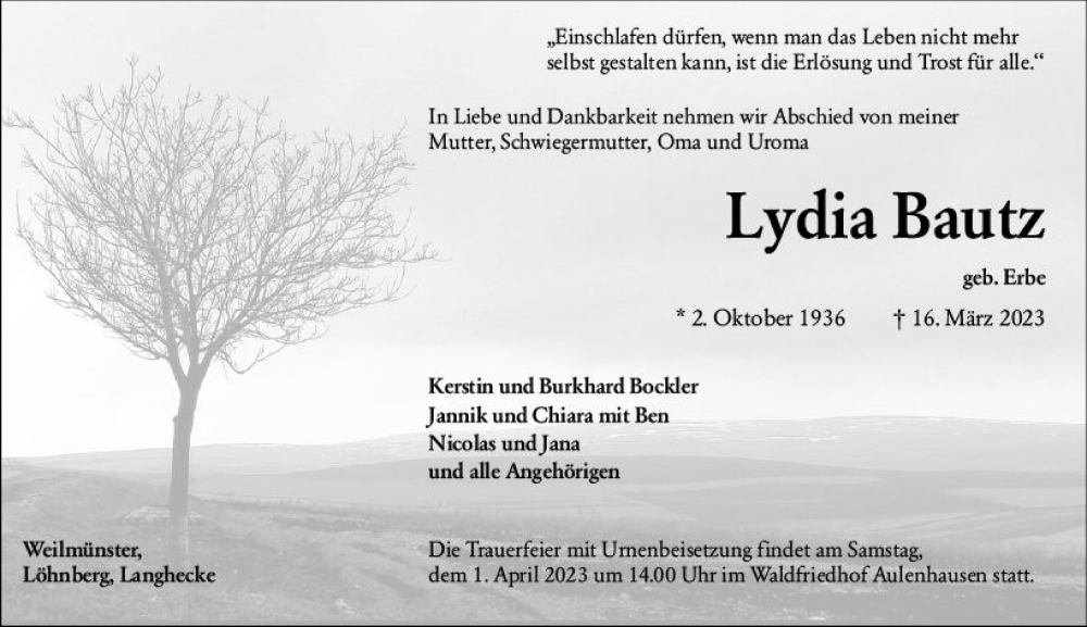  Traueranzeige für Lydia Bautz vom 25.03.2023 aus Weilburger Tageblatt