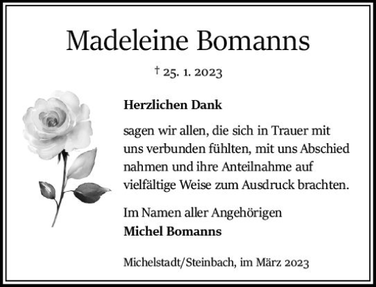 Traueranzeige von Madeleine Bomanns von Odenwälder Echo