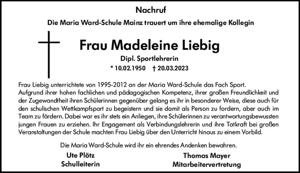  Traueranzeige für Madeleine Liebig vom 25.03.2023 aus Allgemeine Zeitung Mainz
