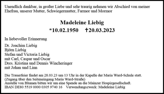 Traueranzeige von Madeleine Liebig von Allgemeine Zeitung Mainz