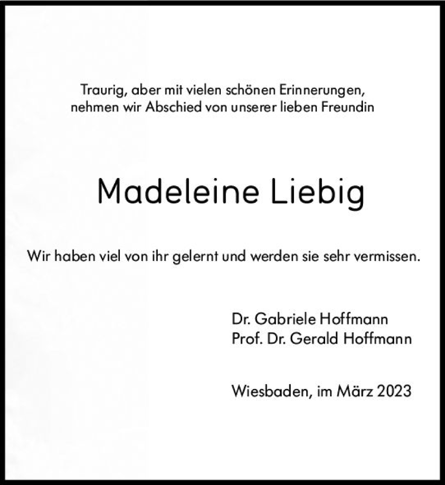  Traueranzeige für Madeleine Liebig vom 25.03.2023 aus Allgemeine Zeitung Mainz