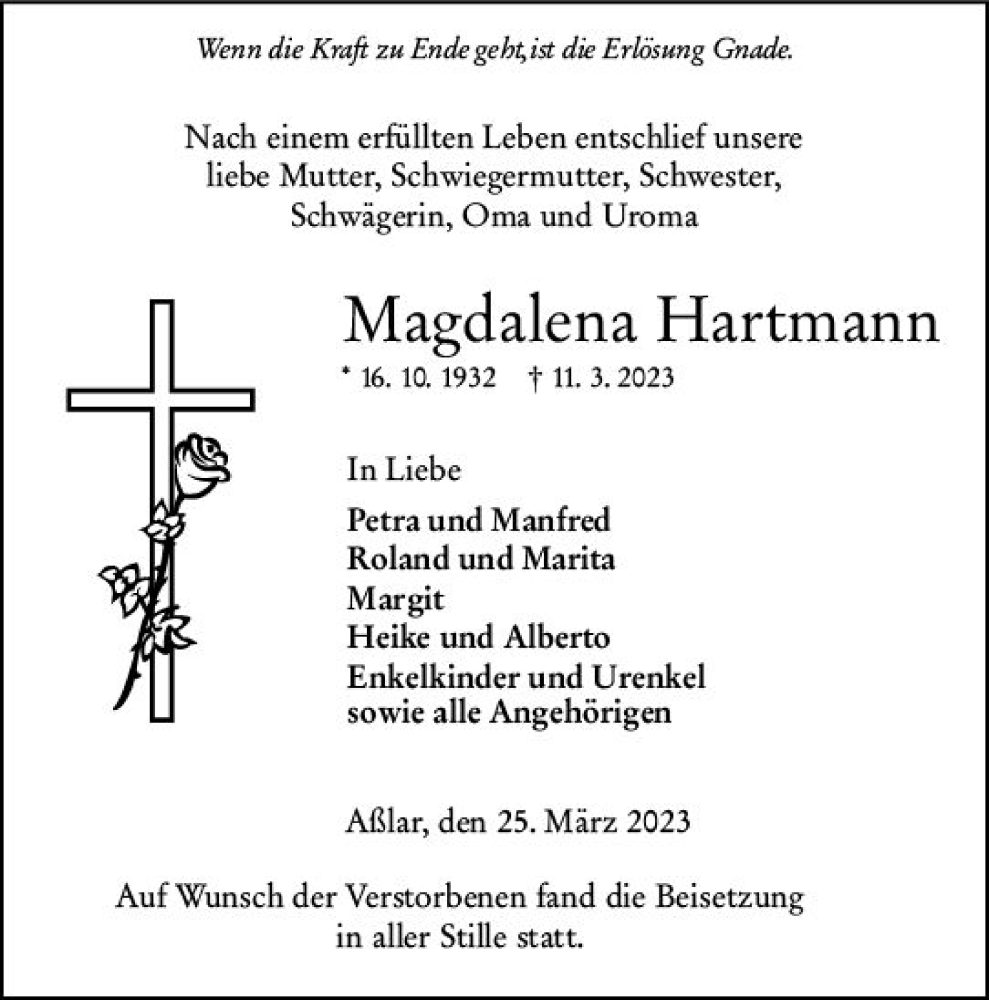 Traueranzeige für Magdalena Hartmann vom 25.03.2023 aus Wetzlarer Neue Zeitung